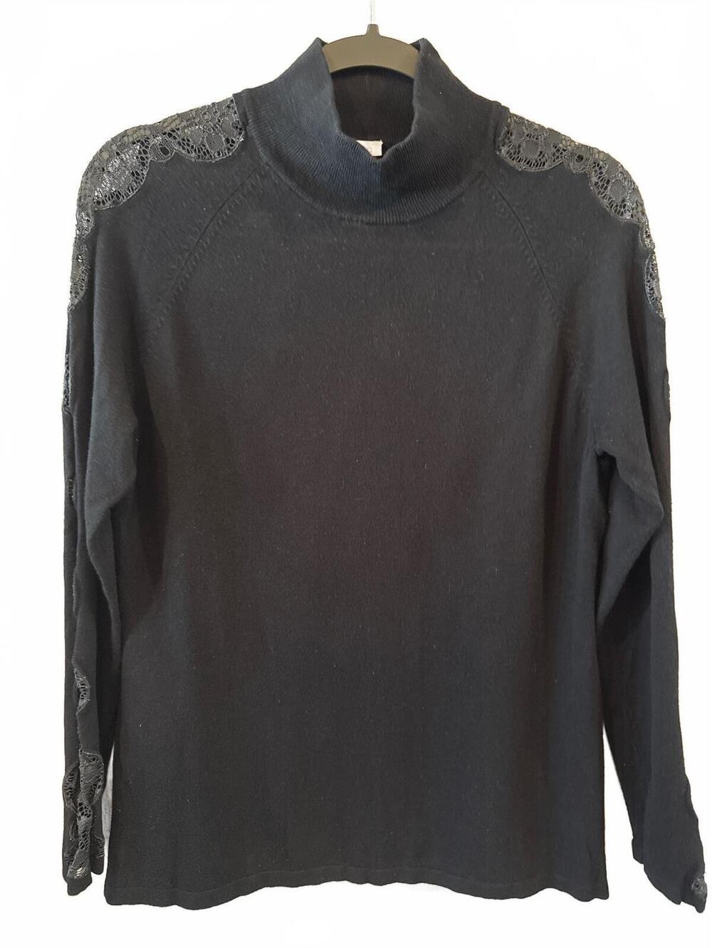 Reba Black Long Sleeve Turtleneck Sweater with Lace Detailing, Size Large